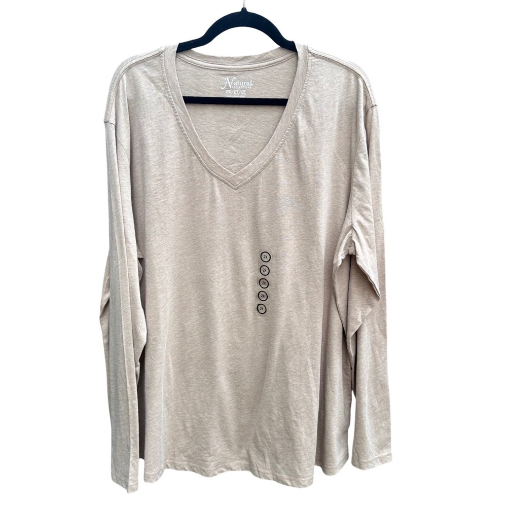 Natural Reflections Womens 2X V-Neck Long Sleeve Tee Oatmeal Heather Cotton